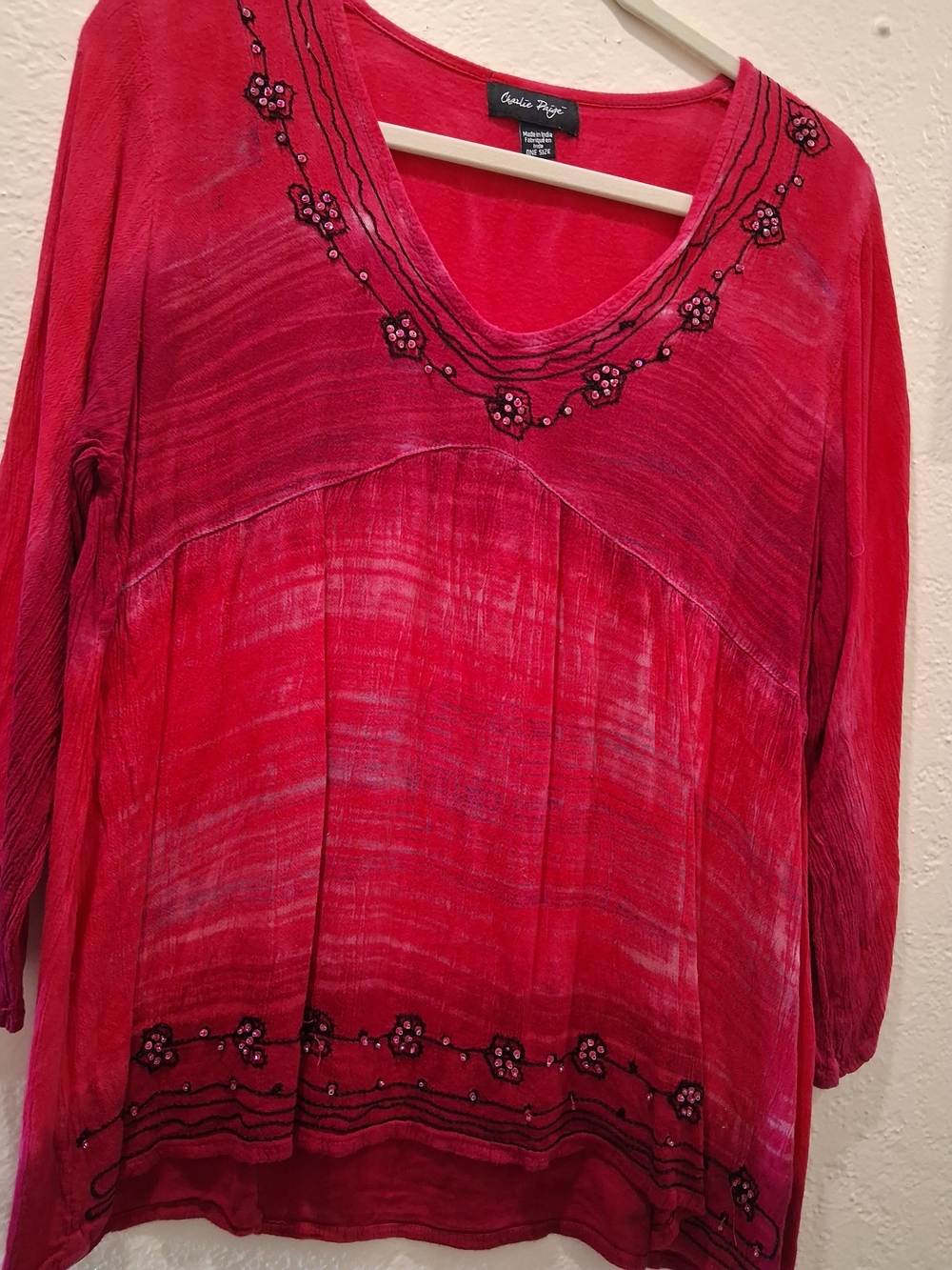 Charlie Paige Red Embroidered V-Neck Women's Top
